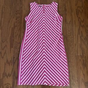 Talbots Nautical Sheath Dress M Pink White Striped Sleeveless Stretch Classic